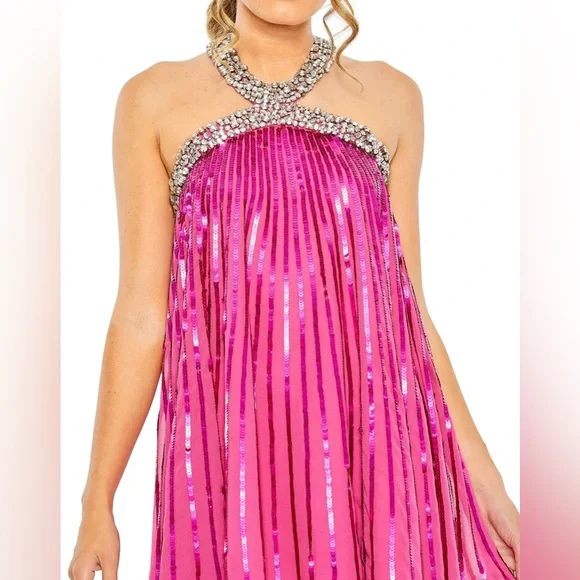 Mac Duggal Fuchsia Pink Sequin Halter Mini Dress - Picture 3 of 7